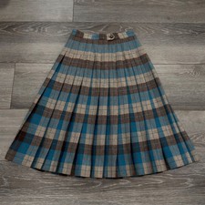 Vintage Wool Plaid Pleated Midi Skirt 24 Waist Blue Brown Talon Zipper 1960s