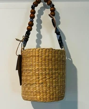 Woven Bucket Style Purse Bag Drawstring Closure Beaded Handle
