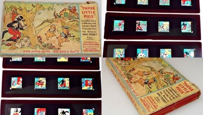 Drei kleine Schweinchen Box Set Vintage 1930er Walt Disney Magic Lantern Slides