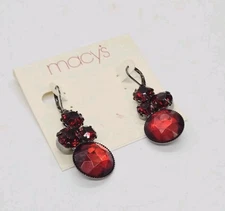 Macy's Earrings Red Rhinestone Dangle Drop 80's style Geometric shape 2 in Vtg