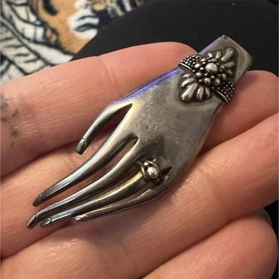 Vintage Sterling Silver Hand-Shaped Brooch Pin 925 Art Theme Fine Jewelry