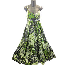 Joie Tropical Midi Strappy Dress Sz 8 Green/Cream Smocking Keyhole Bodice Lined