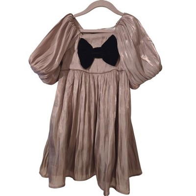 Primark Cares Girls Rose Gold Metallic Puff Sleeve Dress Black Velvet Bow 6-7Y