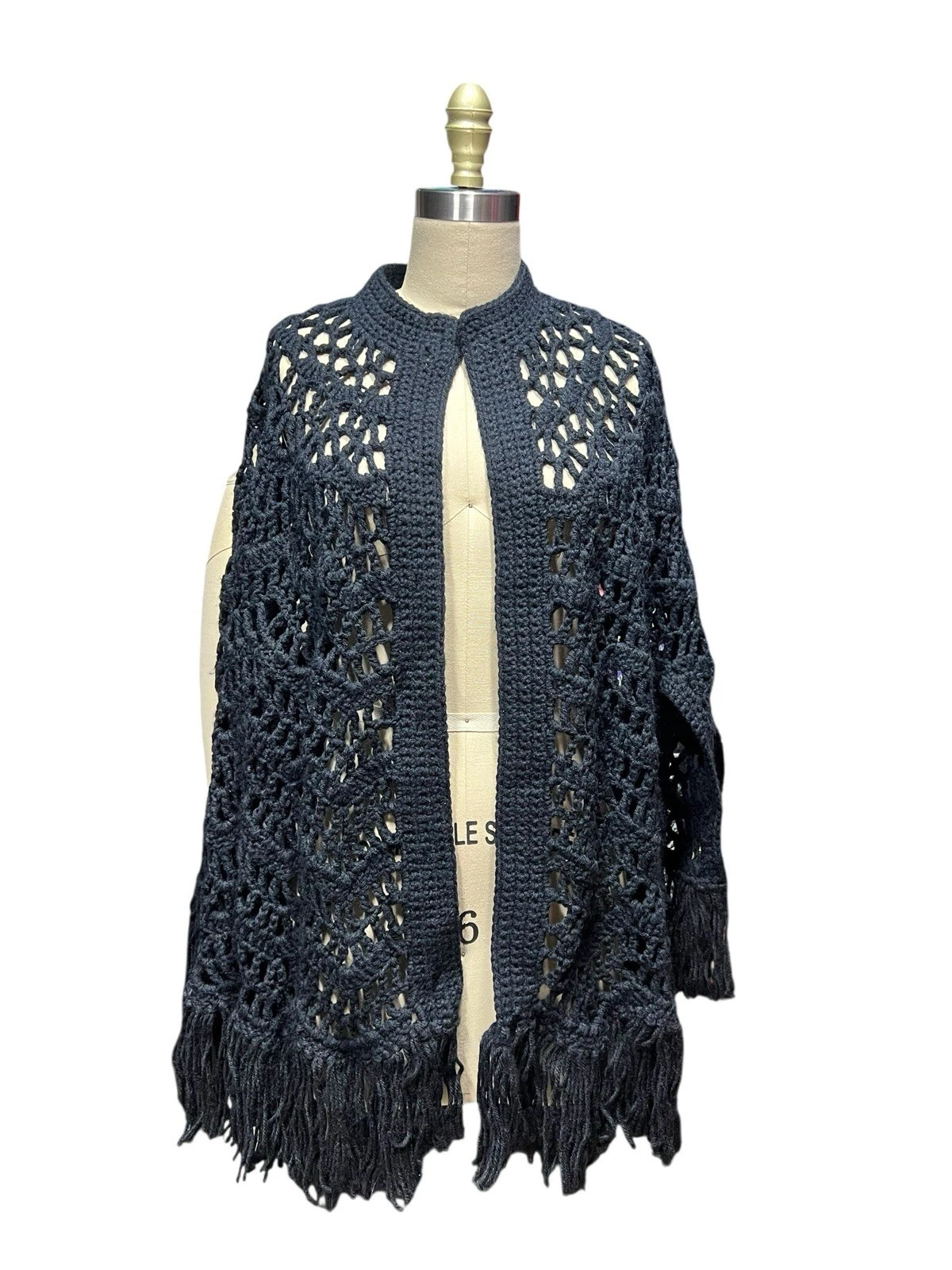 Vintage Black Poncho Shawl Fringe Boho Hippy Handmade Crochet Knit Grannycore