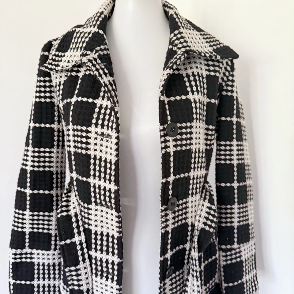 Chaquetón vintage Y2K negro blanco a cuadros tweed mezcla de lana con cinturón L grande Foto 3 de 4