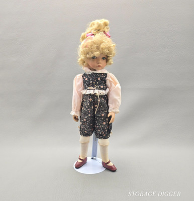 VTG Dianna Effner Porcelain Doll Blonde Curly Hair Blue Eyes Floral Romper 16''