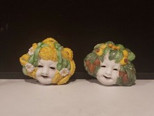 Set of 2 Vietri Pottery Hand Painted Wall Hangings Faces & Leaves Made in Italy