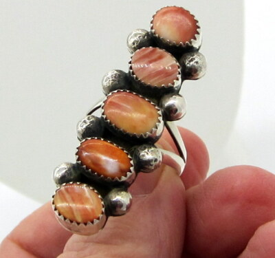 Estate Chris Etsitty C E Sterling Silver Peach Orange Spiny Oyster Size 9 Ring