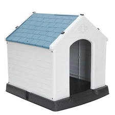 Indoor Outdoor Dog Pet House Solid Plastic Frame with Slanted Roof, Blue White
