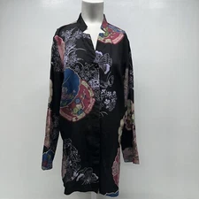 Citron Santa Monica Blouse Shirt Top Pure Silk Button Down Asian Black M Medium
