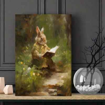 Cute Easter Bunny Reading Book Painting Metal Print Ready to Hang