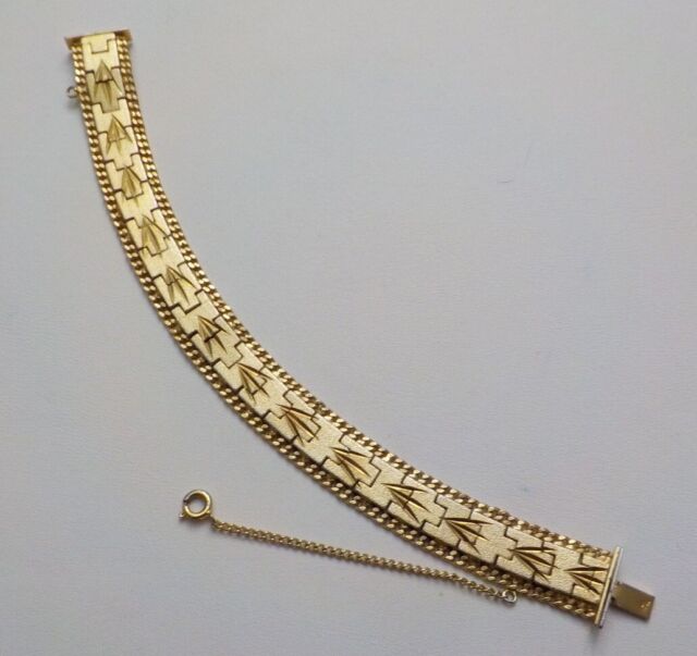 Vintage MTL 18k Gold Plated Art Deco Etched Safety Chain Articulated Bracelet