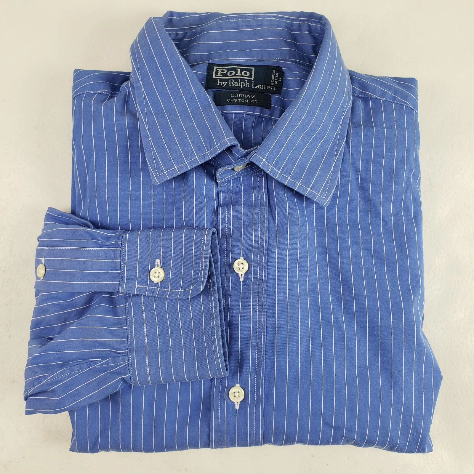 Polo Ralph Lauren Custom Fit Men 17.5 XL Blue Stripe Long Sleeve Button Shirt