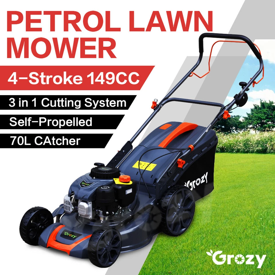 GROZY Petrol Lawn Mower 46cm Self-Propelled 3 in 1 System  4-Stroke Lawnmower