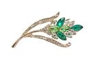 Green crystal flower pin brooch with clear crystals, light and dark green New