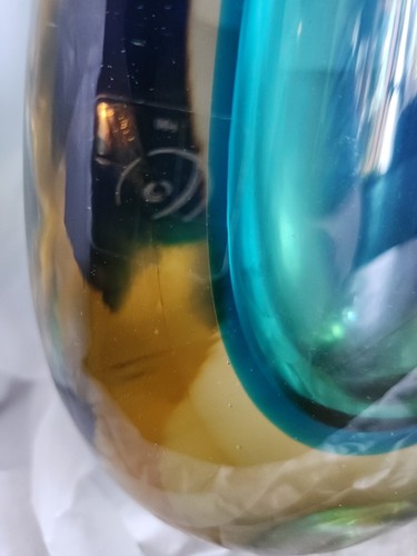 Murano Art Glass Fishtail Vase Blue, Aqua & Amber/Gold Signed 9 1/2" - Picture 9 of 11