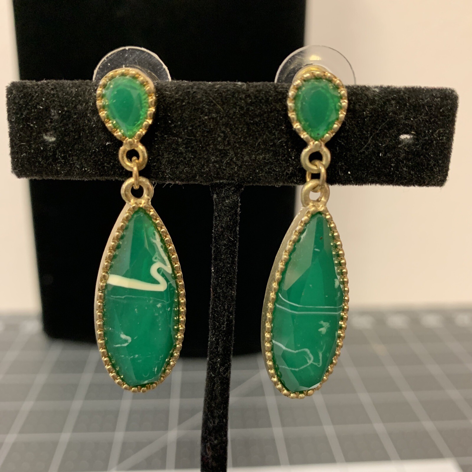 Green Teardrop Earrings Statement Dangles Gold To… - image 3