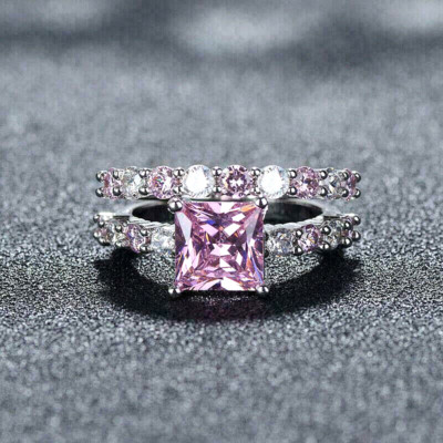 3Kt Princess Rosa Diamant Hochzeit Braut Ring Set Verlobungsring Weißgold-Finish