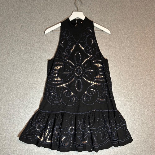 Free People Dress Women Small Black Eyelet Backless Halter Neck Boho Chic Preppy