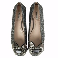 MIU MIU RARE PEWTER GLITTER BOW CRYSTALS EMBELLISHED FLATS EU 39 I LOVE SHOES