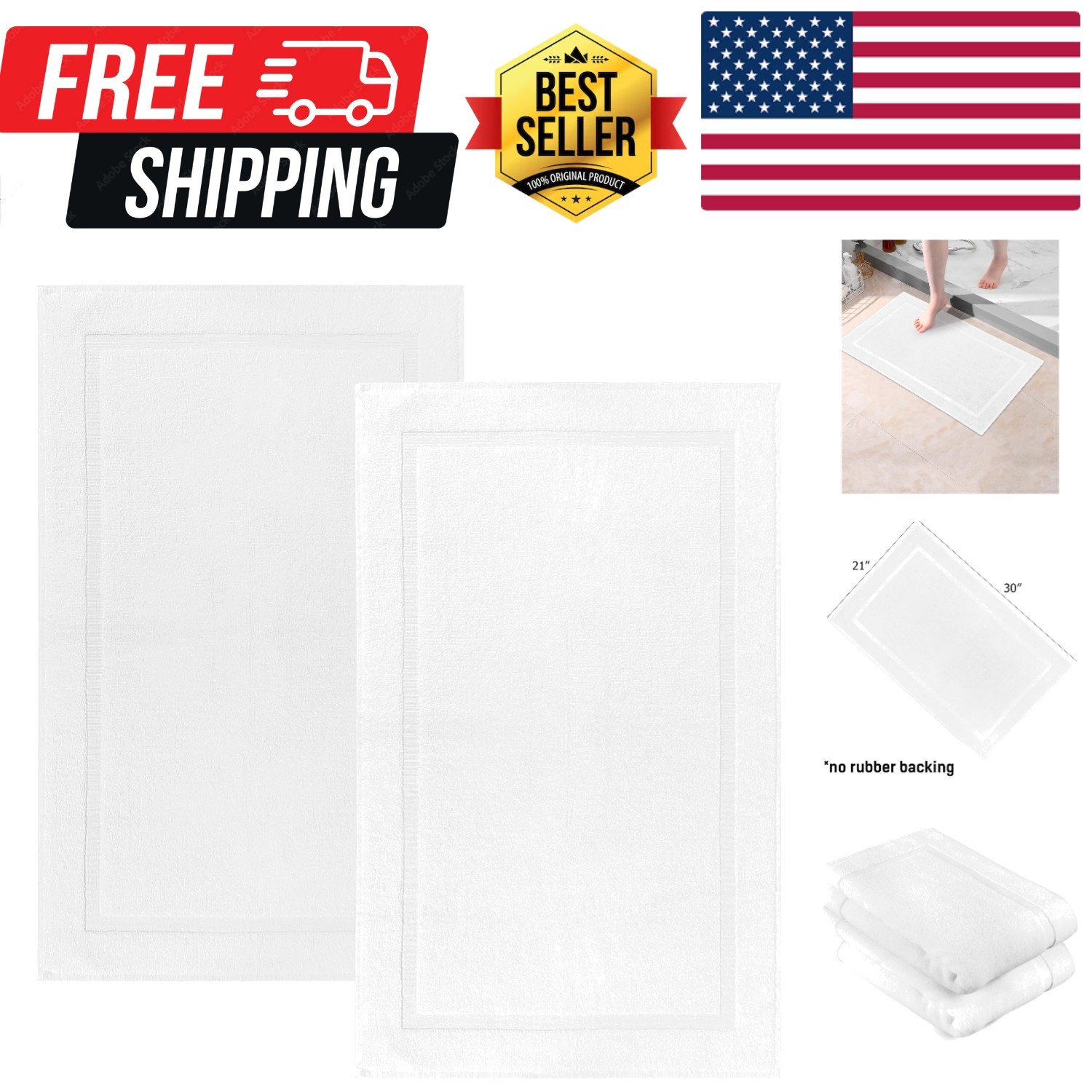 Bath Mats - 2 Pack 100% Cotton 21x30 Inches - Ultra Absorben