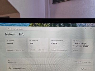 Acer Aspire TC 1760, Intel I5 12400 , 8 GB Ram, 512 GB SSD, Geforce Gtx 1650 4GB