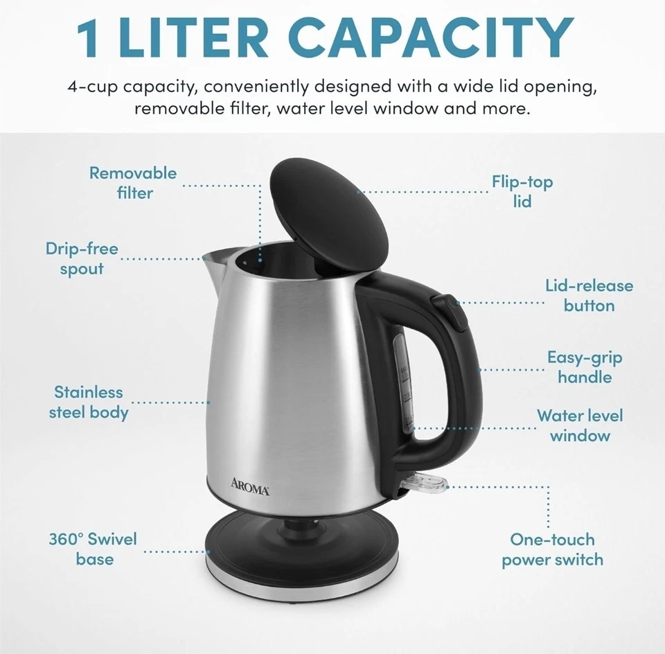 Hervidor eléctrico de acero inoxidable Aroma Housewares 1,0 L/4 tazas (AWK-266SB) Foto 2 de 2