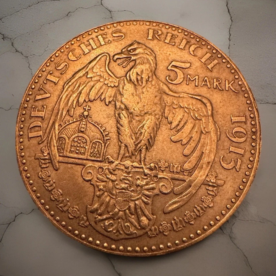 1913G 5 Mark Wilhelm II GOETZ 图案铜德国硬币未流通 — 第 3/3 张图片