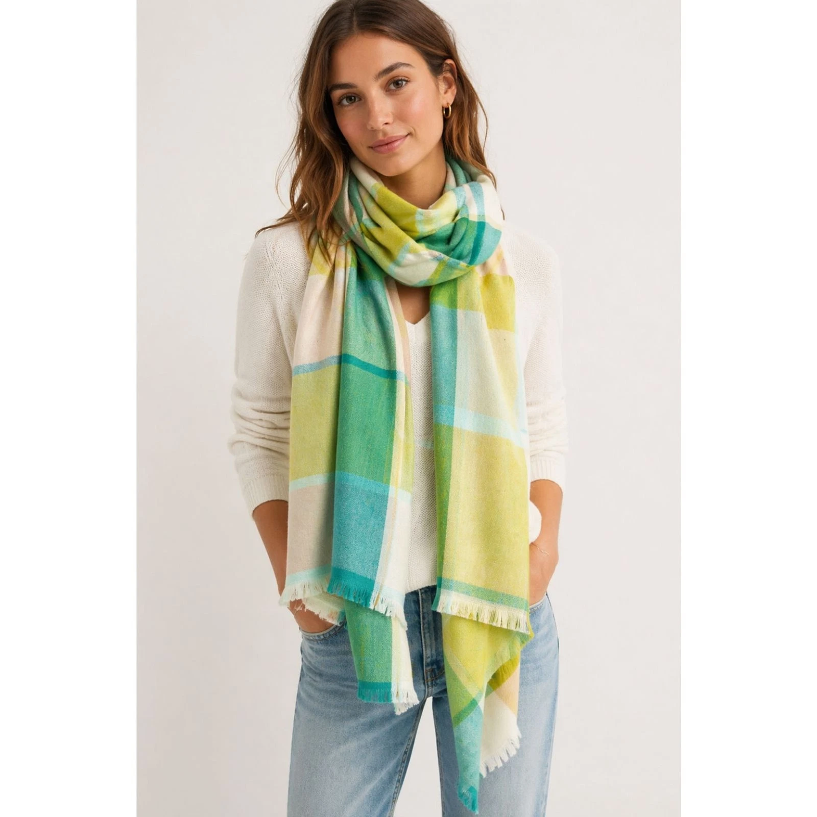 New Banana Republic Oversized Plaid Blanket Scarf Green Yellow Wrap 25X65 1128U