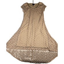 AUW Women Tan Beige Crochet Lace High Low Dress Medium Short Sleeve Scoop Neck
