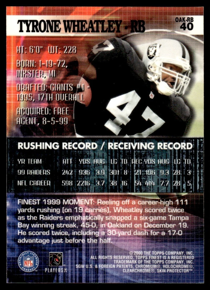 2000 Finest #40 Tyrone Wheatley - Oakland Raiders - Image 2 of 2