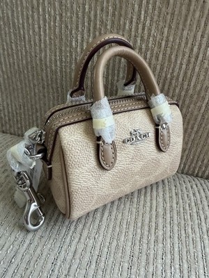 Coach Rowan MINI BAG CHARM Signature Canvas CX068 Sv/Sand/Taupe New