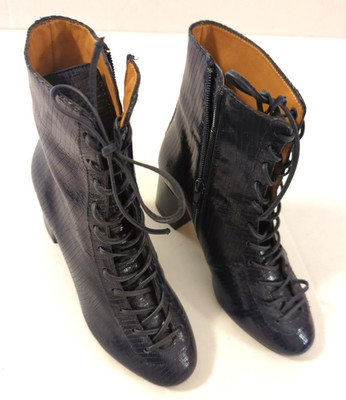 New SEZANE Lizard Leather Lace up Boots 36 Navy Blue Made Portugal Money Honey