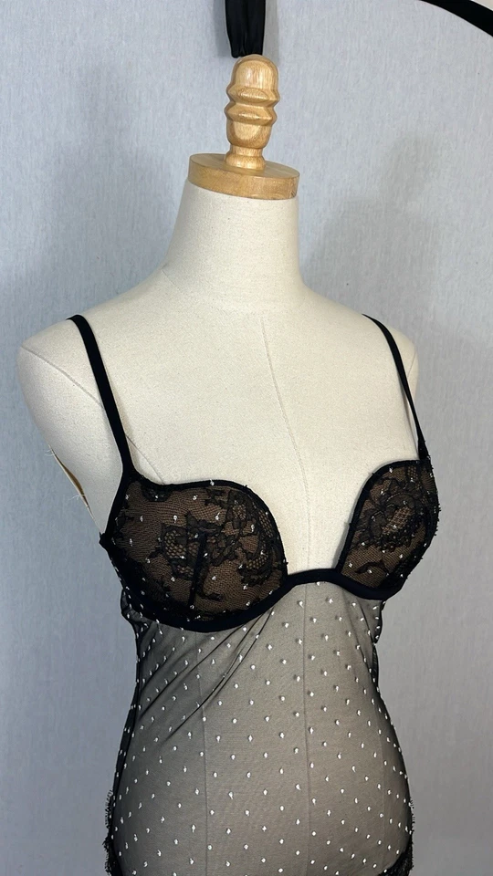 Body La Perla Negro Encaje Malla Blanco Polka Talla 34C Hecho en Italia Copa Moldeada Foto 3 de 4