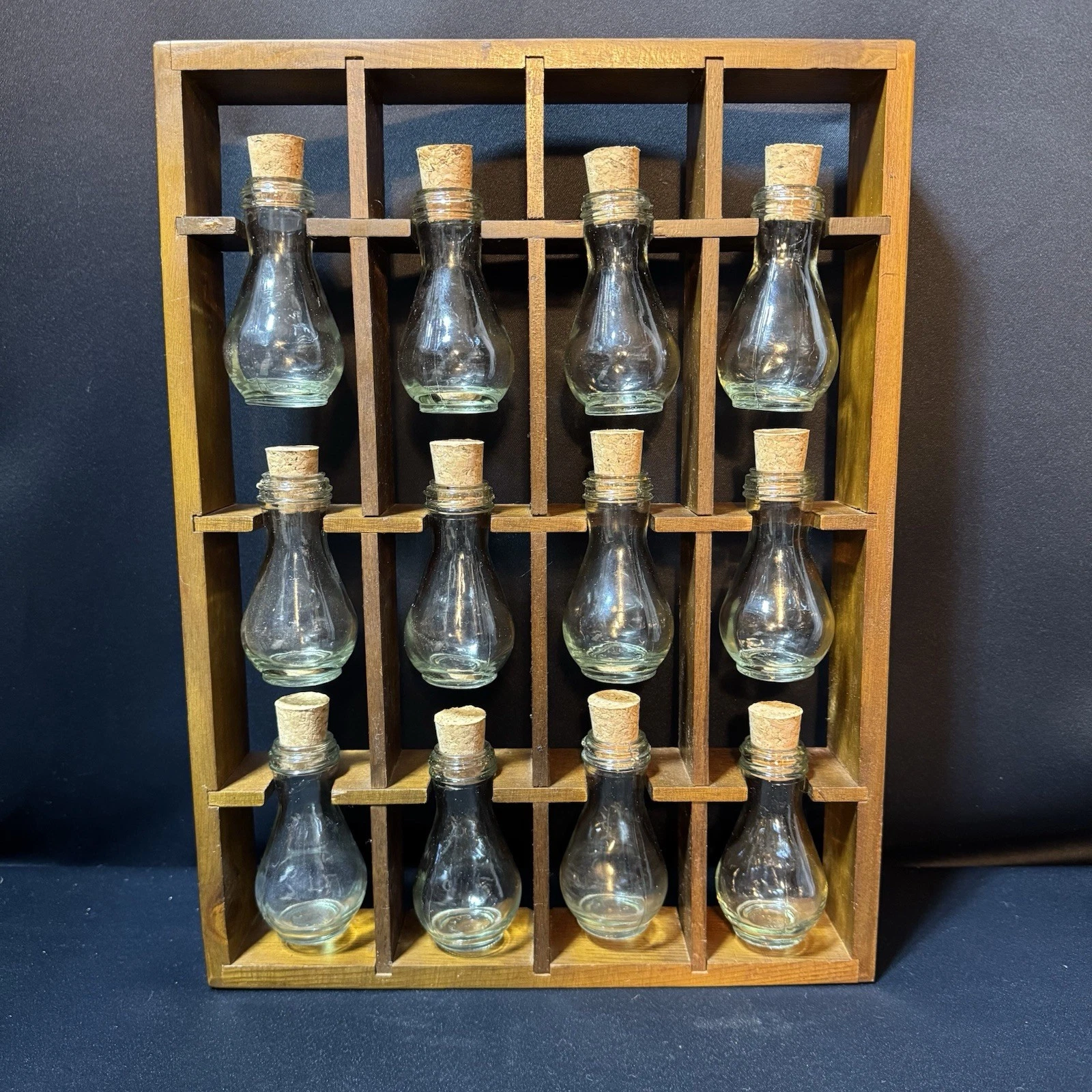 Vintage MCM Wood Spice Rack Hanging 12 Tear Drop Glass With Replaced Cork Tops
Opens in a new window