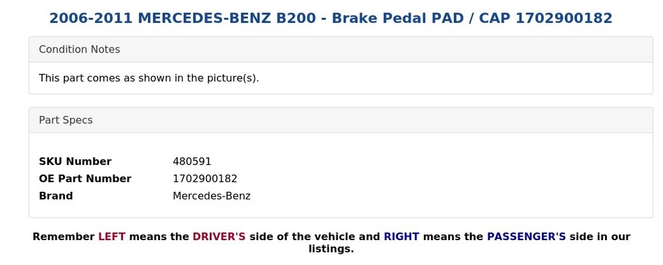 Mercedes-Benz B200 2006-2011 - Pastilla de pedal de freno / tapa 1702900182 Foto 3 de 3