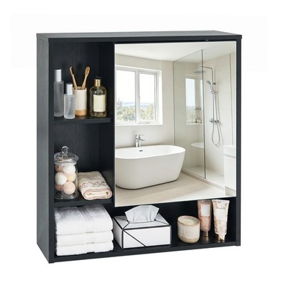 Bathroom Mirror Cabinet w/2 Hidden Storage Shelves 3 Open Storage Compartments