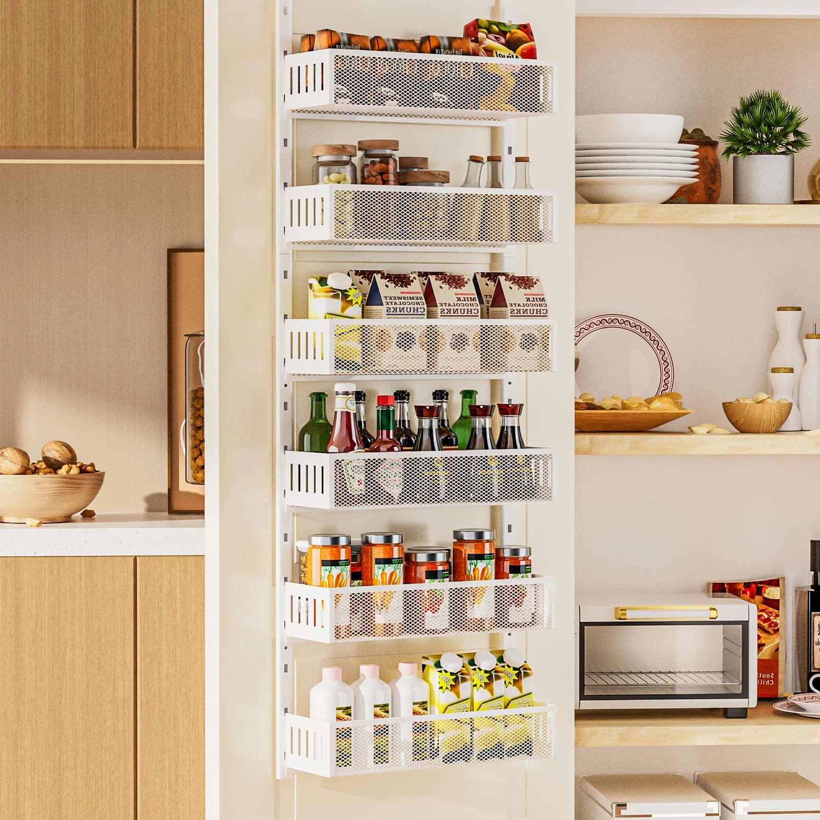 6-Tier Over The Door Pantry Organizer with Mesh Baskets, Adjustable & Stable ...