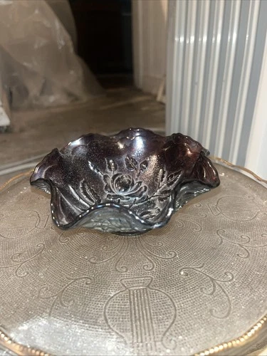 Vintage Imperial Rose Footed Carnival Glass Bowl Amethyst Fluted Purple Luster