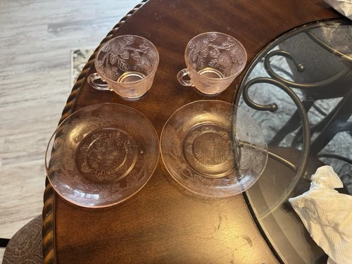 Jeannette Cherry Blossom Pink Depression Glass Tea Cups and Saucers Set of 2