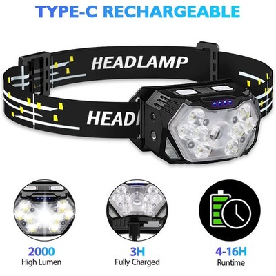 Stirnlampe Wiederaufladbar LED 2000LM Superhell Wasserdicht Stirnlampe Arbeitsleuchte,