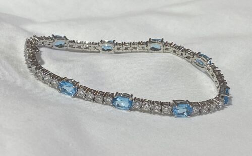 OVAL 15.00 CT BLUE & WHITE TOPAZ , Rhodium Overlay Brass Gemstones: Created - Picture 1 of 6