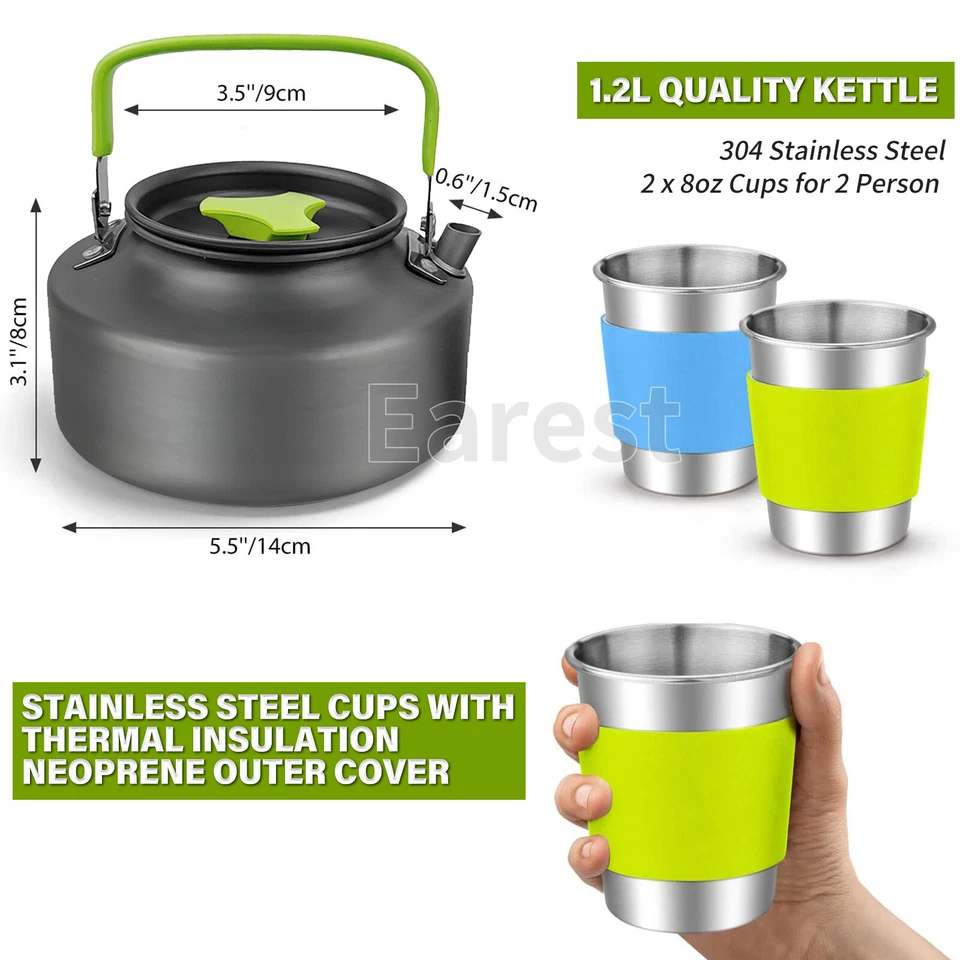 13pcs Camping Cookware Mess Kit Kettle Picnic Cooking Pot Pan Cup Portable Set - Image 3 of 4