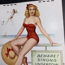 1957 Calendar Sign Thompson Pin Up Red Bathing Beauty Girl One Month