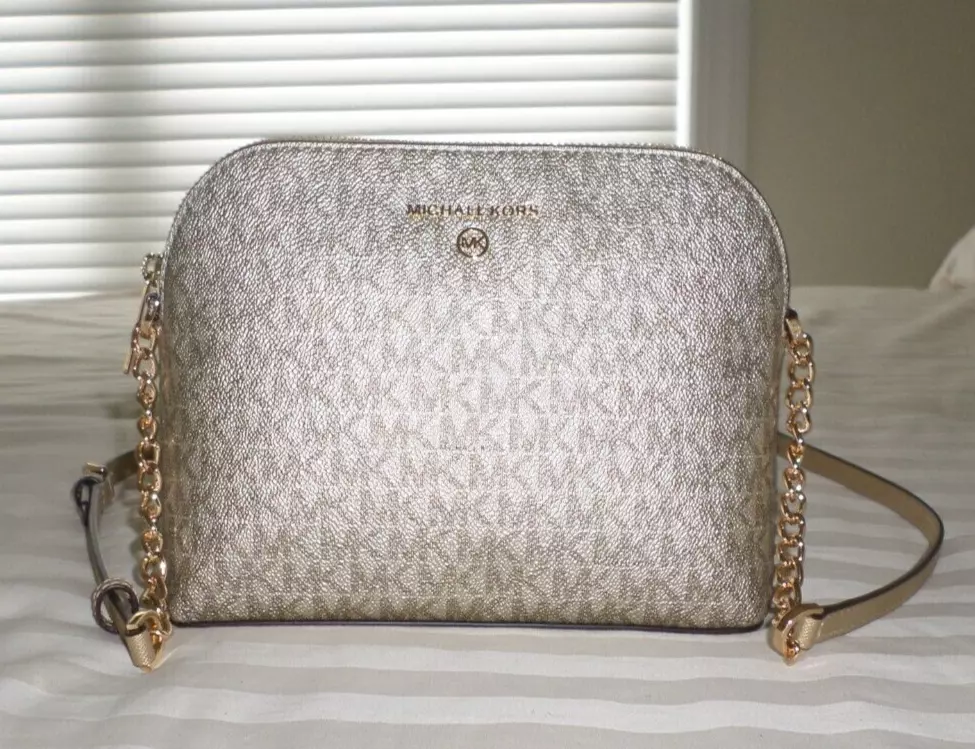 NWT Michael Kors CINDY Large Dome Crossbody Metallic MK Sig Logo PVC PALE  GOLD