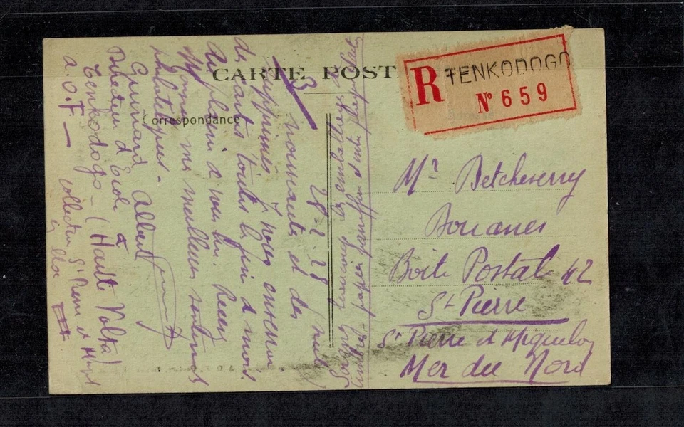French Colonies Postcard 1927 Tenkodogo PPC Registered to St. Pierre & Miquelon - Image 2 of 2