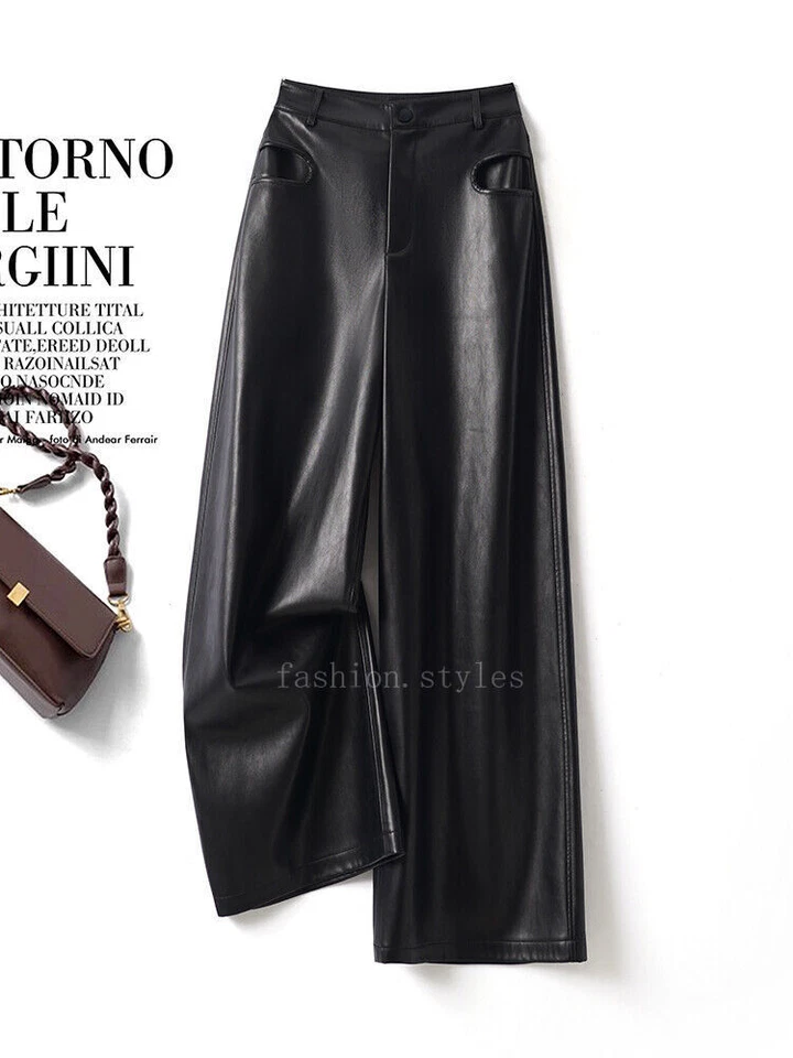 Genuine Leather Pants Women's Wide Leg Pants Winter Sheepskin Loose Slim Fit - Image 2 of 4
