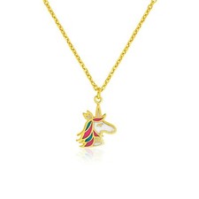 14k Yellow Gold Childrens Necklace with Enameled Unicorn Pendant