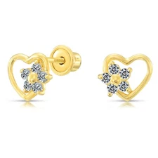 10K Real Solid Yellow Gold Heart Flower Sleeper Studs Earrings Screw-back