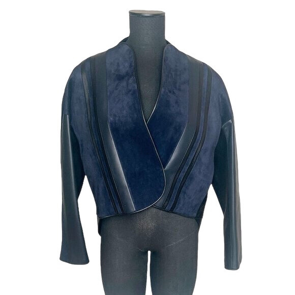HERMES Leather and Suede Mega Bands Fashion Jacket EU 40 Bleu Noir